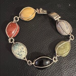 Vintage Taxco Sterling Silver Bracelet w Wire Wrapped Polished Stones